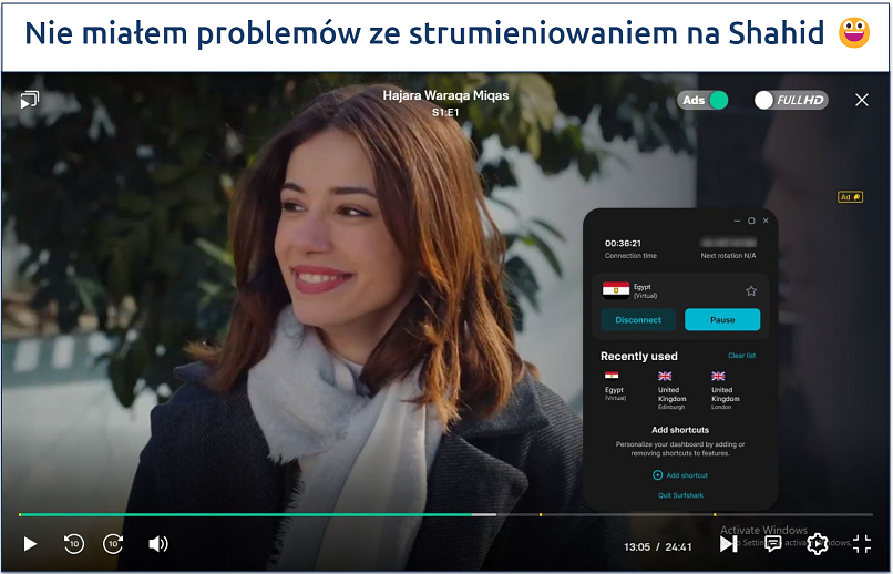 Screenshot of a TV show playing on Shahid with Surfshark connected to an Egypt server