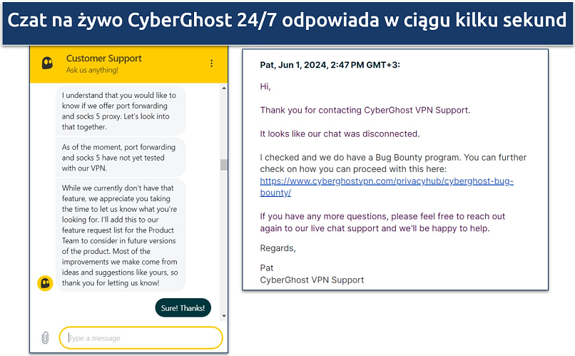 Zrzut ekranu czatu z obsługą klienta CyberGhost