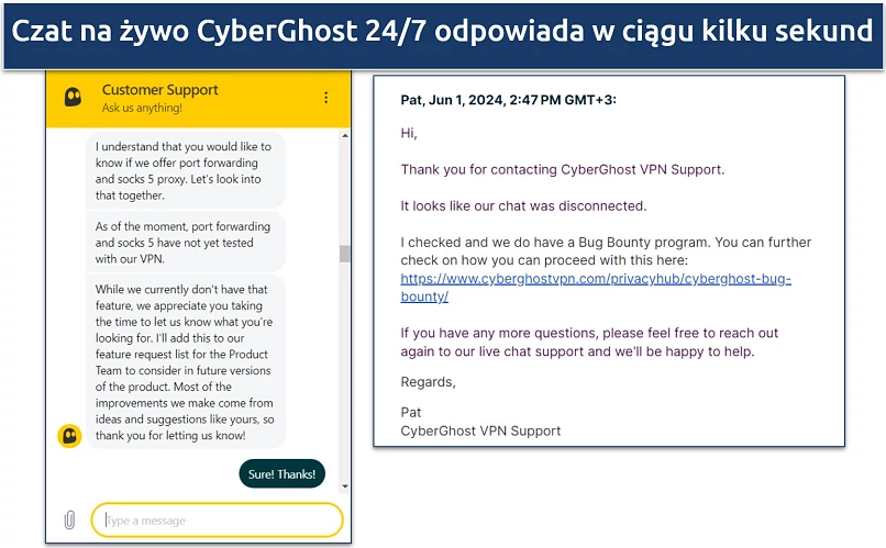 Zrzut ekranu czatu z obsługą klienta CyberGhost