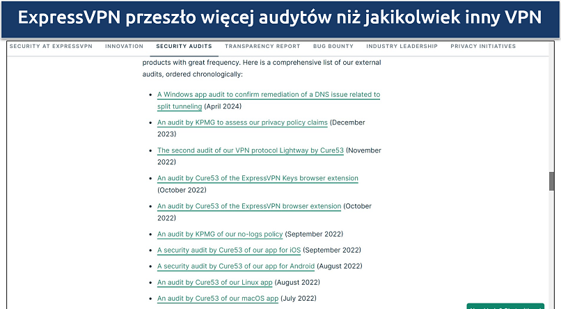 Screenshot of ExpressVPN's website showing its independent audits list