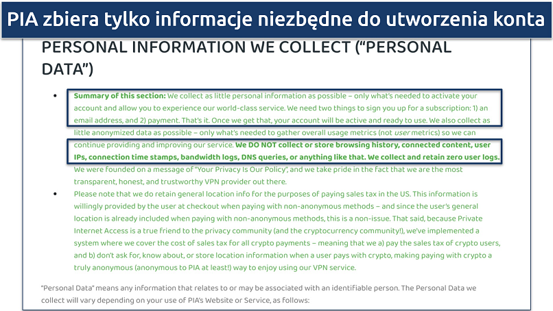 Screenshot of PIA's privacy policy highlighting the data it collects