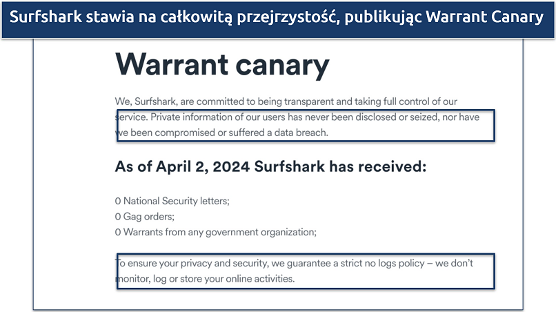 Screenshot of Surfshark's warrant canary