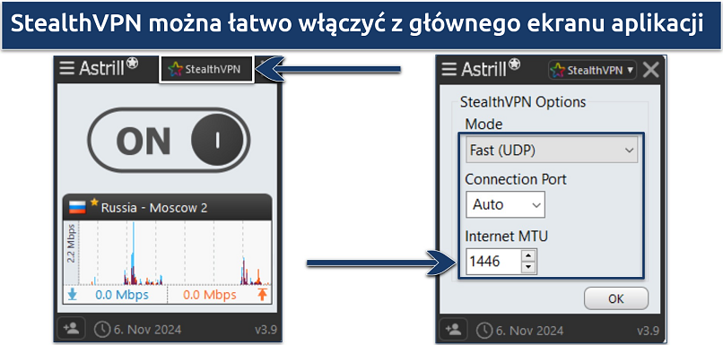 Zrzut ekranu interfejsu aplikacji Astrill VPN podłączonej do rosyjskiego serwera, wyróżniający protokół StealthVPN