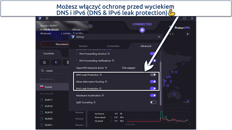 Zrzut ekranu aplikacji Proton VPN dla Windows pokazujący zaawansowane ustawienia