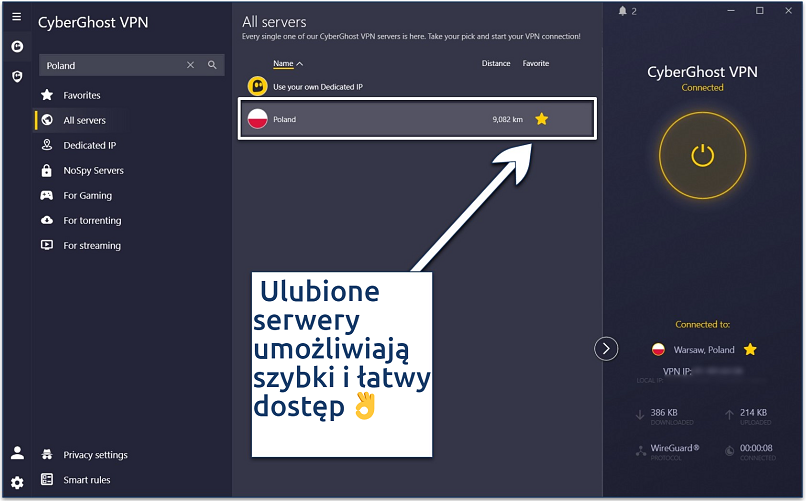 Screenshot of the CyberGhost Windows app with the ability to favorite servers marked