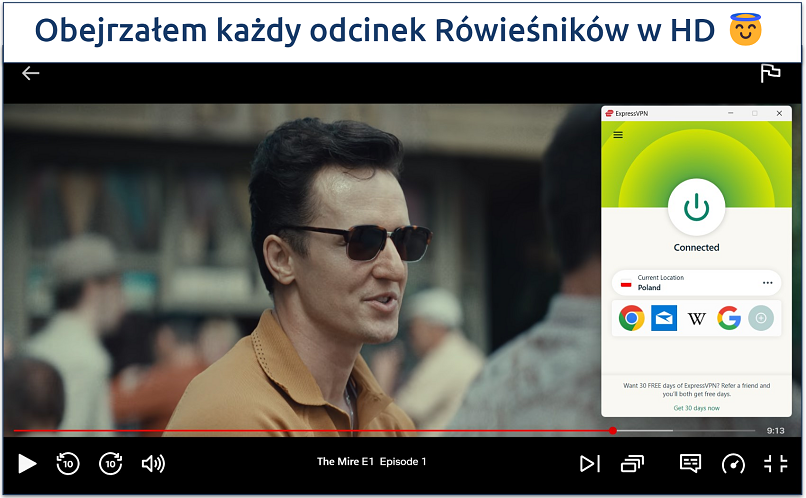 Screenshot of streaming The Mire on Netflix while connected to ExpressVPN's Poland server