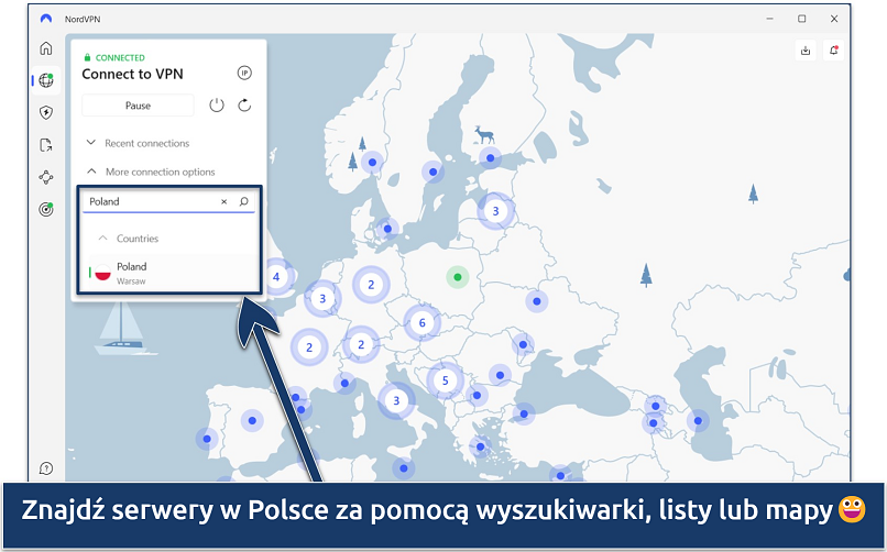 Screenshot of the NordVPN Windows app with its interactive map interface and Polish server location