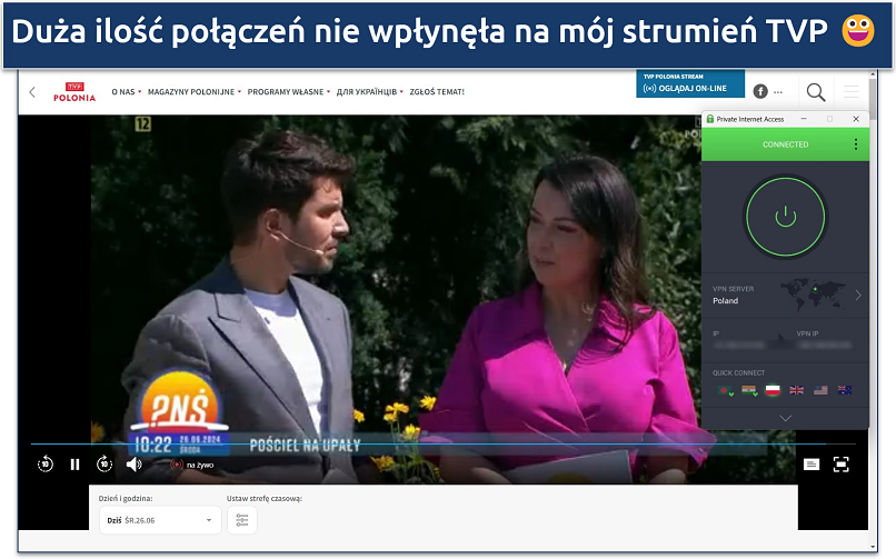 Screenshot of streaming live TV on TVP Polonia while connected to PIA's Poland server