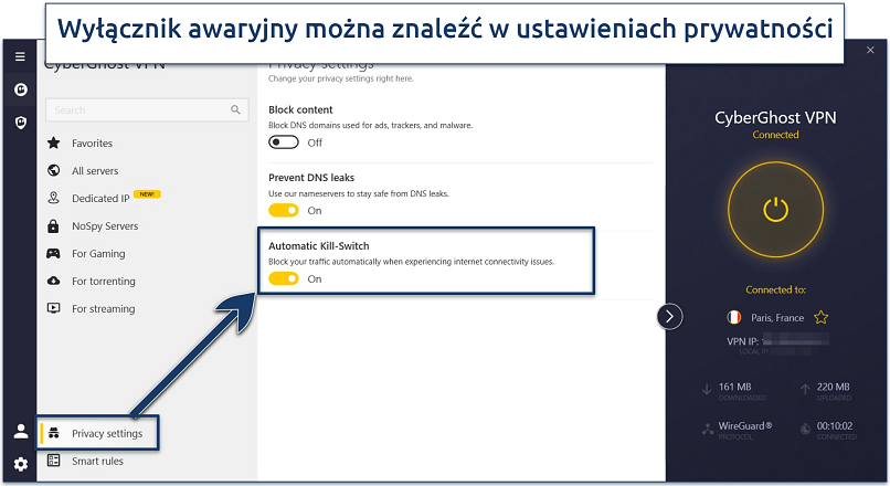 Screenshot showing how to enable CyberGhost's kill switch on Windows