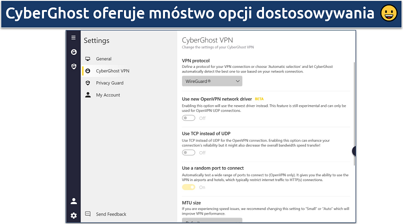 creenshot showing CyberGhost's Windows UI and displaying the CyberGhost VPN Settings options