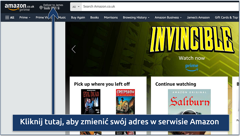 Screenshot pokazujący, jak zmienić swój adres w serwisie Amazon