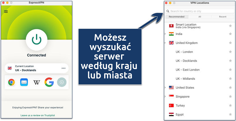 Screenshot pokazujący, jak wyszukać serwer w ExpressVPN