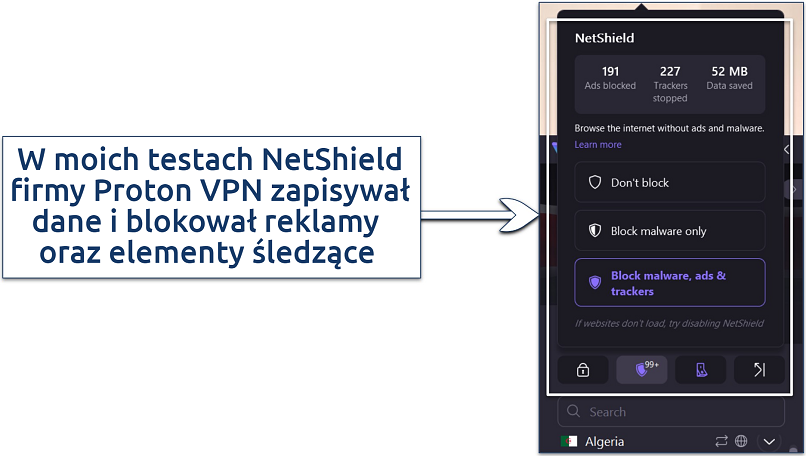 A screenshot showing Proton VPN's NetShield excels at filtering out ads, blocking trackers, and saving data