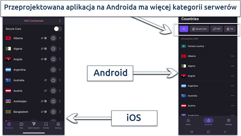 A screenshot showing Proton VPN's Android app displays more options under the country menu compared to the iOS app