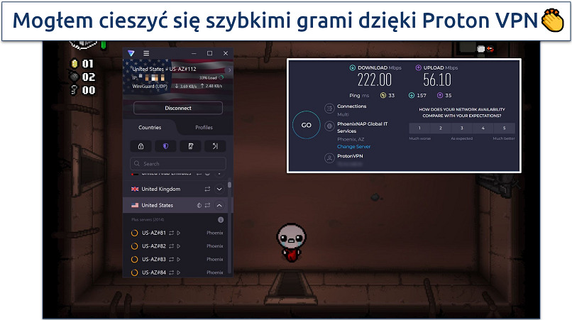 A screenshot showing playing The Binding of Isaac while connected to Proton VPN's fastest server