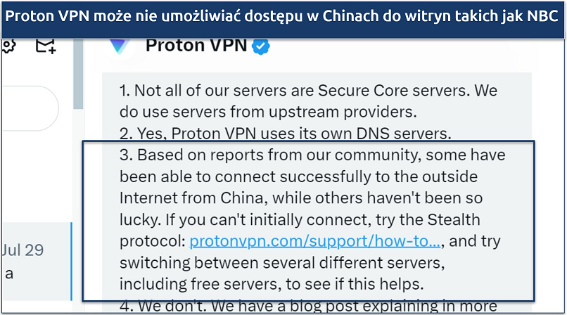 A screenshot showing Proton VPN's support team confirming the VPN may work in China