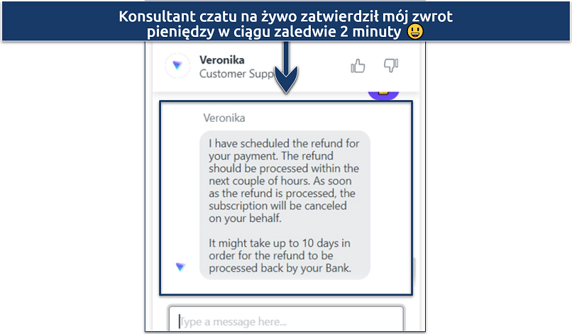 A screenshot showing you can cancel and seek a refund via Proton VPN's live chat feature