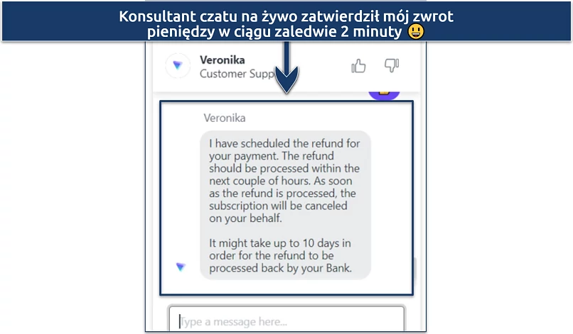 A screenshot showing you can cancel and seek a refund via Proton VPN's live chat feature