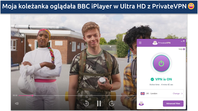 Screenshot of PrivateVPN streaming BBC iPlayer with UK London server