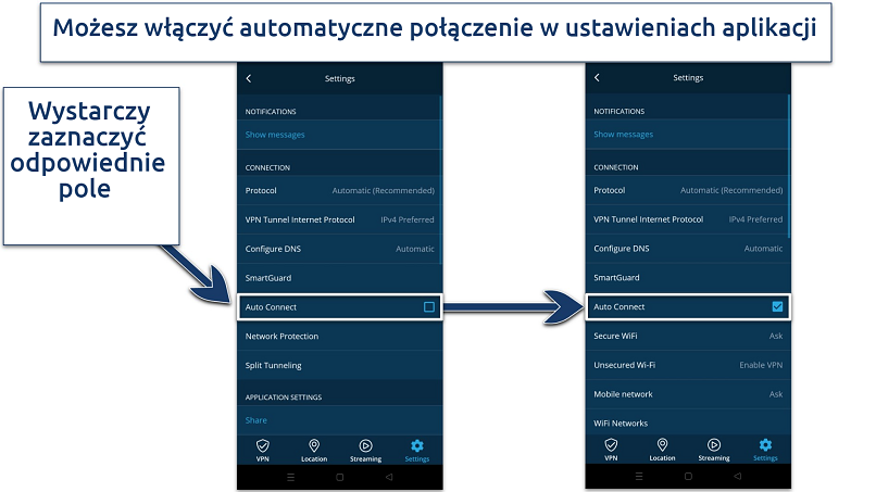 Screenshot showing how to enable Auto Connection on hide.me's Android app