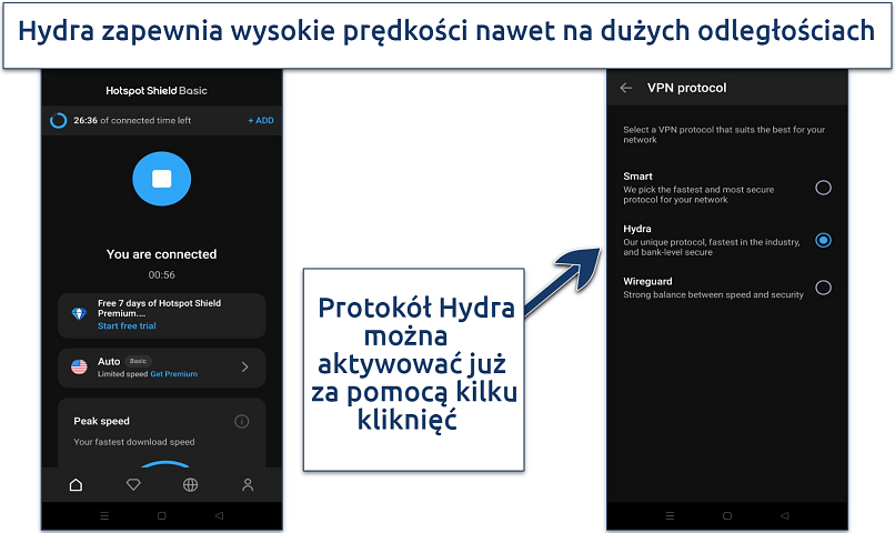 Screenshot showing how to enable Hotspot Shield's Hydra protocol