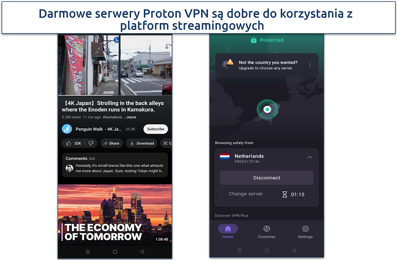 A YouTube video streaming on Android with Proton VPN connected