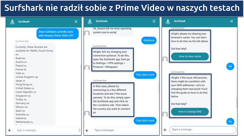 Zrzut ekranu z czatu wsparcia Surfshark, udzielającego wskazówek dotyczących rozwiązywania problemów z działaniem VPN z Amazon Prime Video