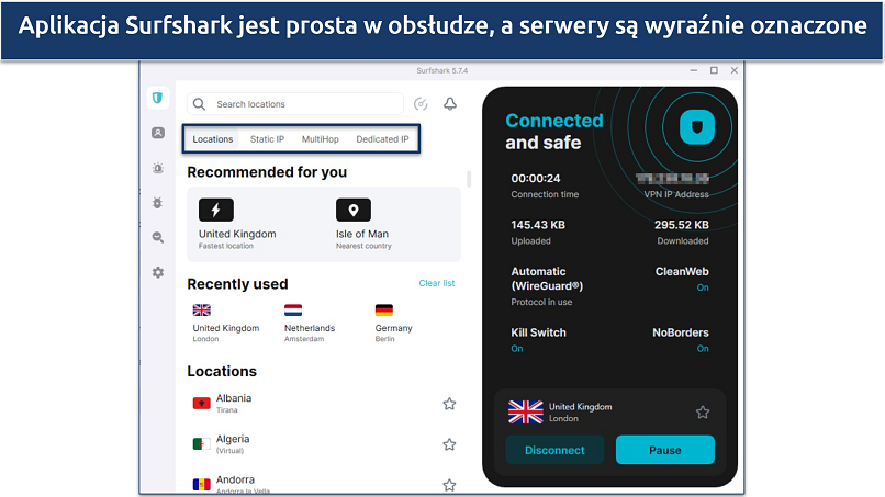 Zrzut ekranu aplikacji Surfshark na Windows pokazujący łatwość jej użytkowania