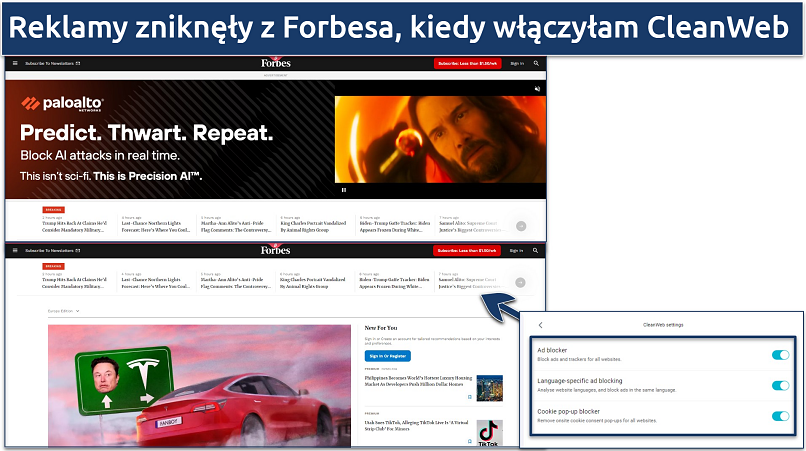 Zrzut ekranu pokazujący funkcję CleanWeb Surfsharka blokującą reklamy na stronie Forbes