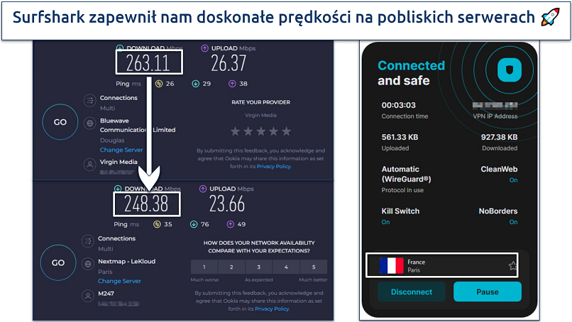 Zrzut ekranu wyników testu prędkości połączenia z serwerem Surfshark w Paryżu, Francja