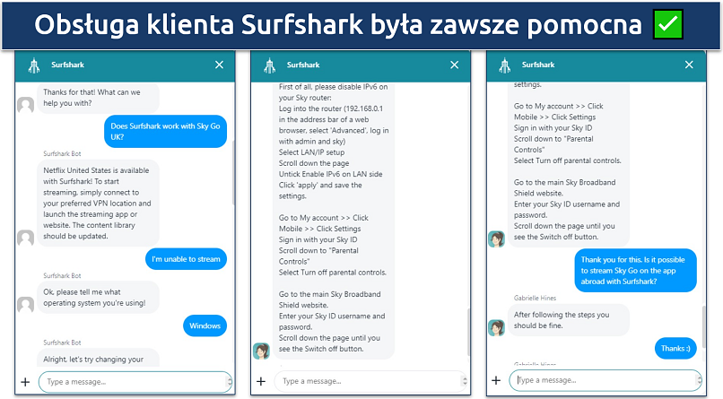 Zrzut ekranu pokazujący rozmowę z chatbotem i agentem obsługi klienta Surfshark