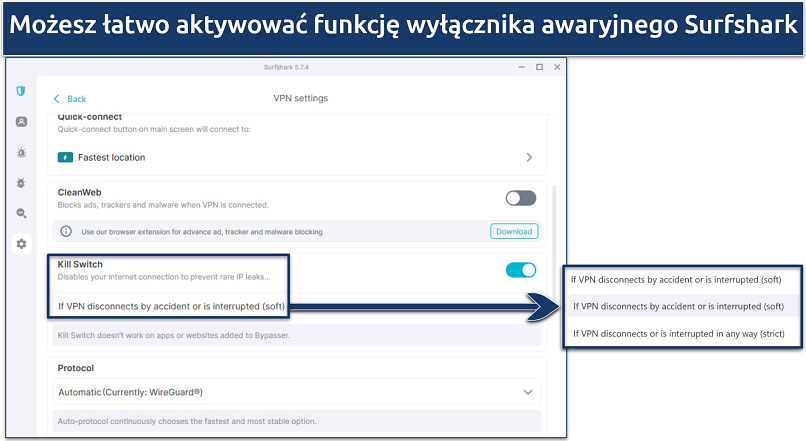 Zrzut ekranu aplikacji Surfshark na Windows pokazujący dostępne opcje wyłącznika awaryjnego