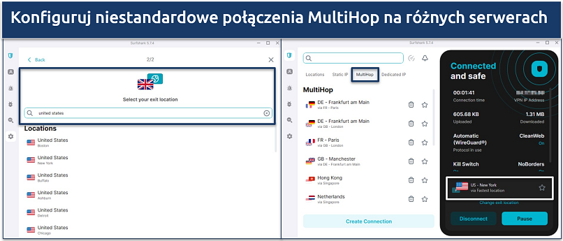 Zrzut ekranu aplikacji Surfshark dla Windows, pokazujący konfigurację serwera MultiHop i połączenie