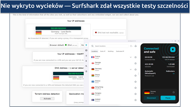 Zrzut ekranu wyników testu szczelności na niemieckim serwerze Surfshark