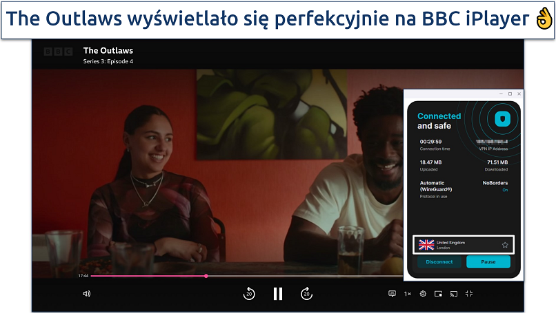 Zrzut ekranu z serwera Surfshark w Londynie streamującego BBC iPlayer