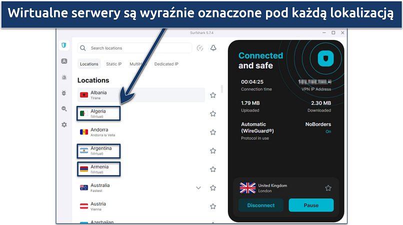 Zrzut ekranu z aplikacji Surfshark na Windows, wyróżniający serwery wirtualne