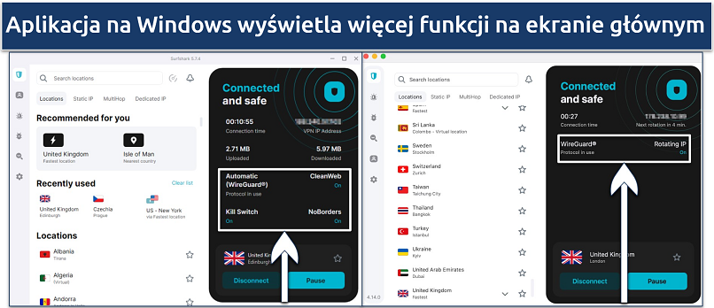 Screenshots comparing Surfshark's Windows and macOS apps