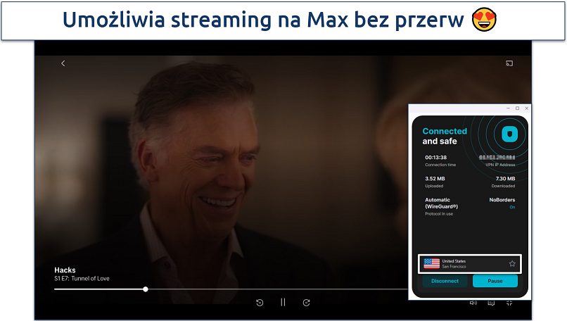 Zrzut ekranu pokazujący połączenie z serwerem Surfshark w San Francisco US w celu streamingu treści na Max