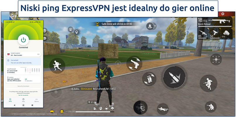 Screenshot of Free Fire gameplay with ExpressVPN connected