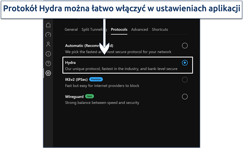 Screenshot showing how to enable Hotspot Shield's Hydra protocol