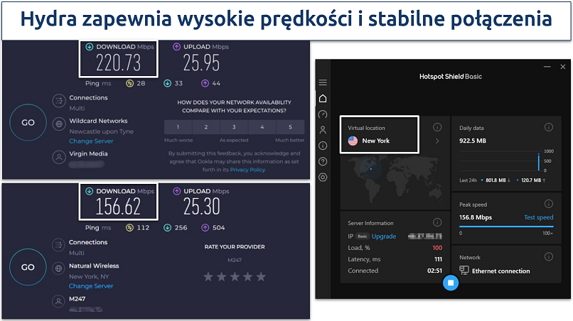 Screenshot of Hotspot Shield's speed test results