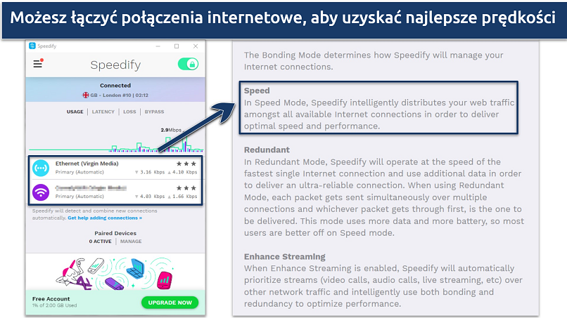 Screenshot of Speedify's free Windows app showing the Bonding feature