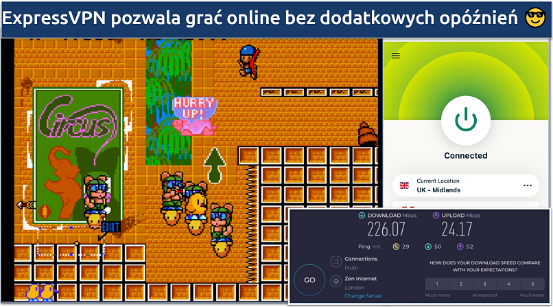 Screenshot showing the ExpressVPN app connected to a UK server over a retro game