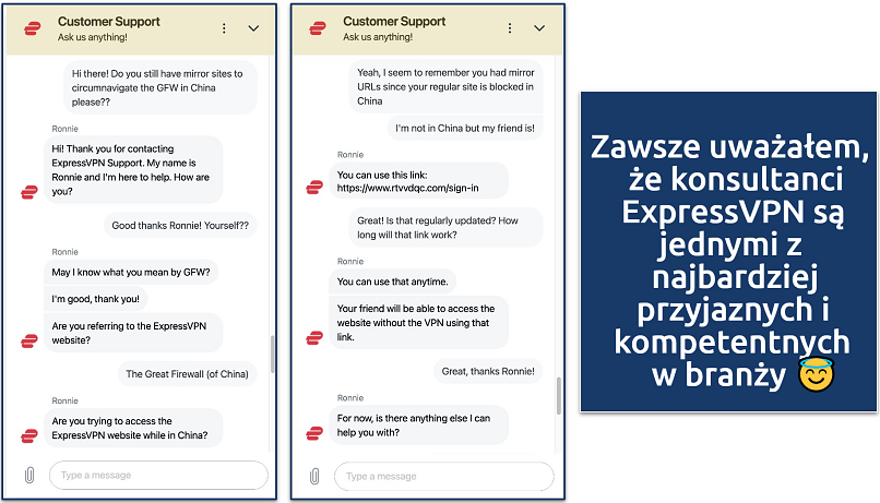 Screenshot showing a chat with the ExpressVPN customer service