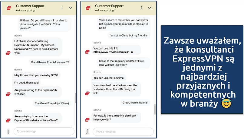 Screenshot showing a chat with the ExpressVPN customer service