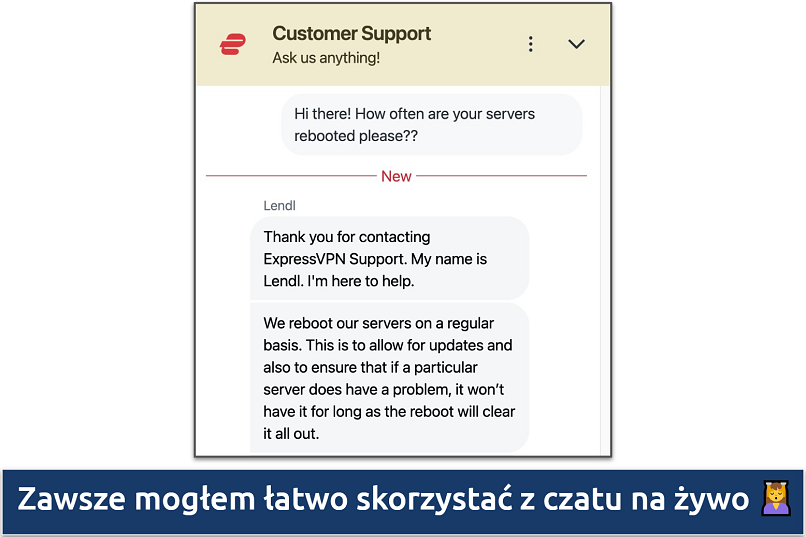 Screenshot showing a chat with the ExpressVPN Customer Support team