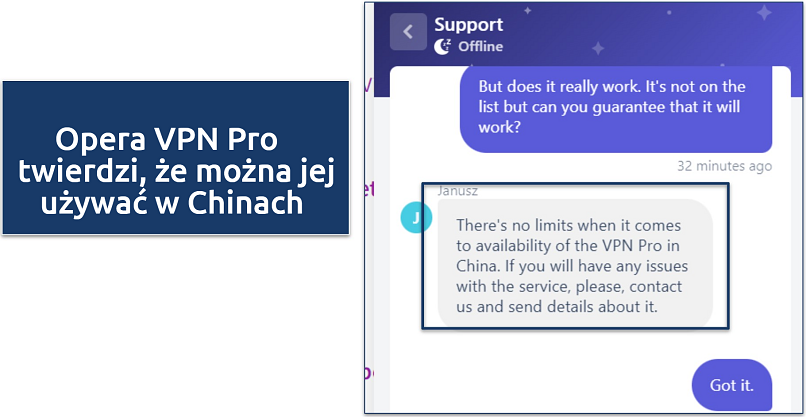 Screenshot of chat response where Opera VPN agent claims it can be used in China 