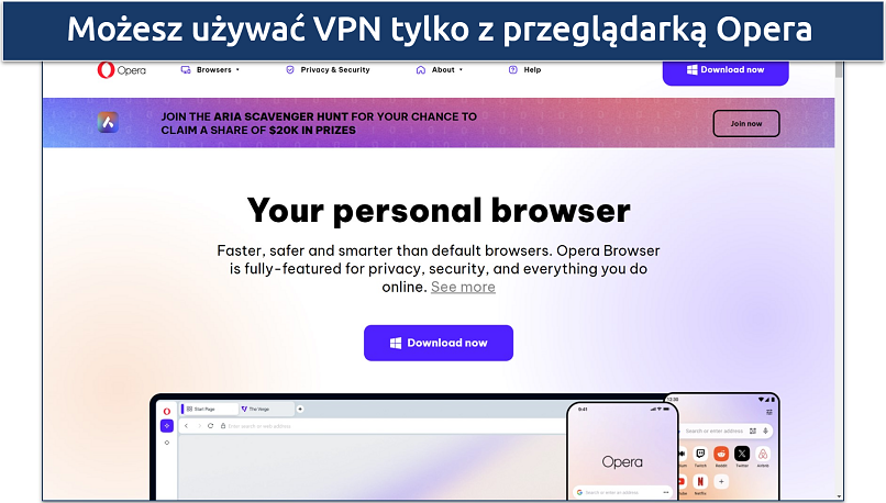 Screenshot of Opera browser's download page for Windows 