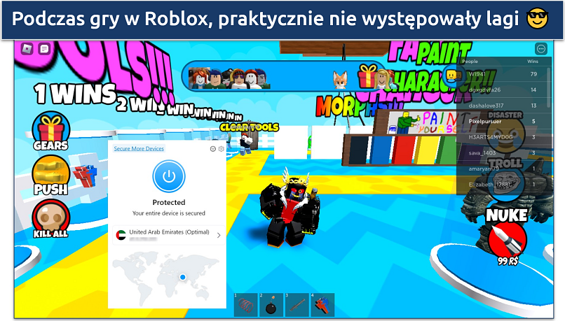 Screenshot of Roblox being played while connected to Opera VPN's Pro's UAE server 