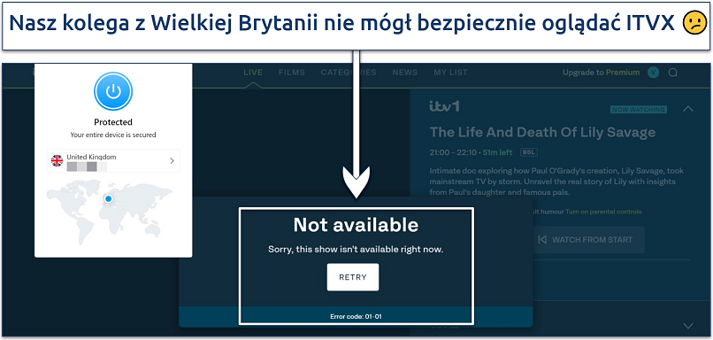 Screenshot of ITVX player displaying an error message when our tester tried to watch it while connected to Opera VPN Pro's UK server 